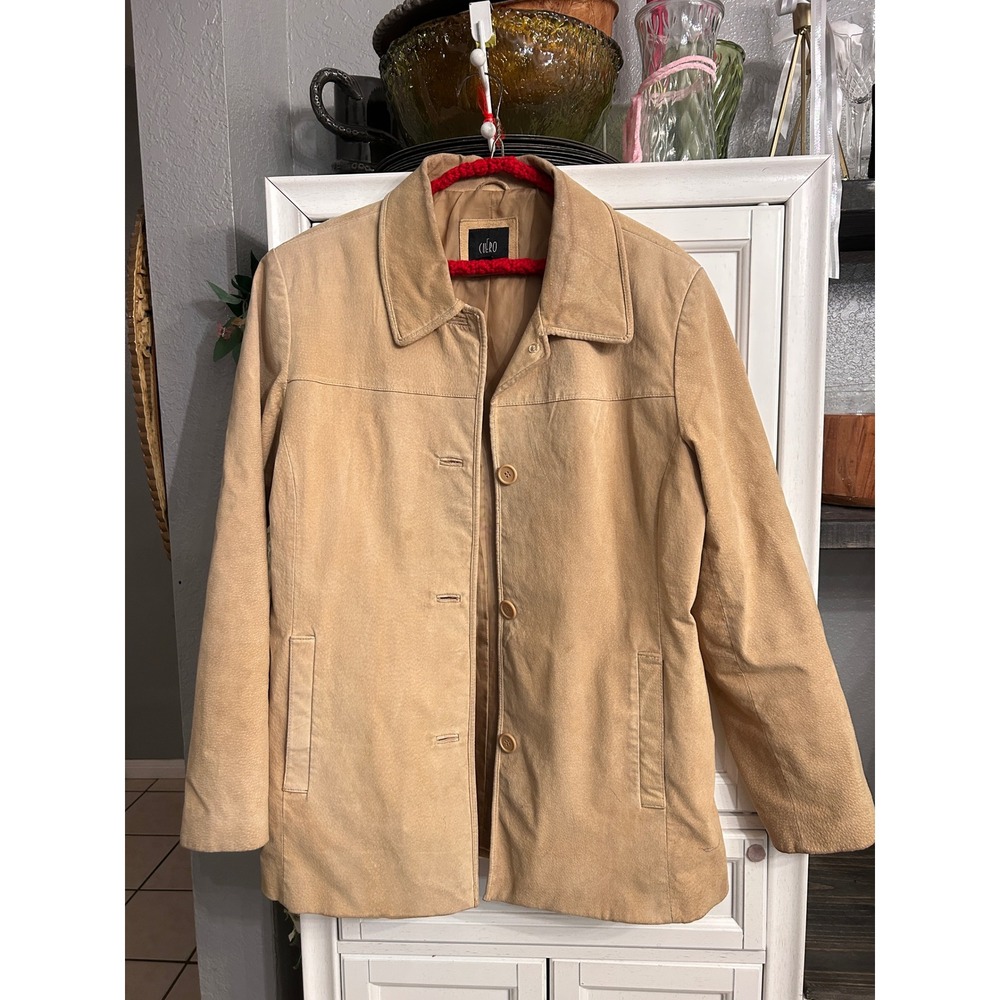 Vintage Tan Suede Leather Barn Jacket Button Front Mid Length Coat LARGE